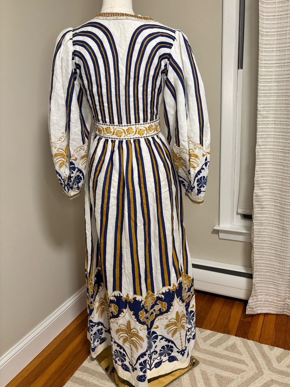 Farm Rio Pineapple Linen Midi Dress Blue Gold Embroidered Puff Sleeve Small NWT - Picture 11 of 14